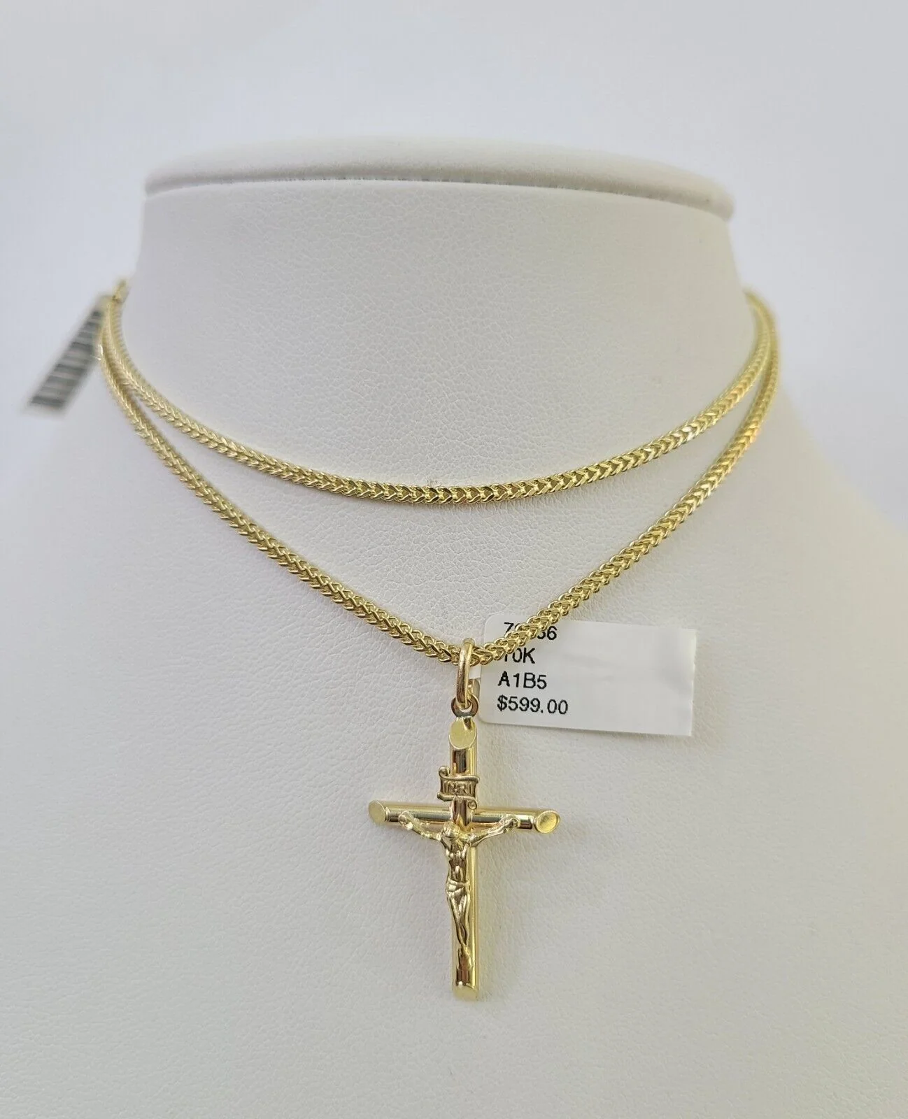 10K Franco Chain INRI Jesus Cross Pendant Charm Necklace 16"-24" 2mm Gold SET - Image 6