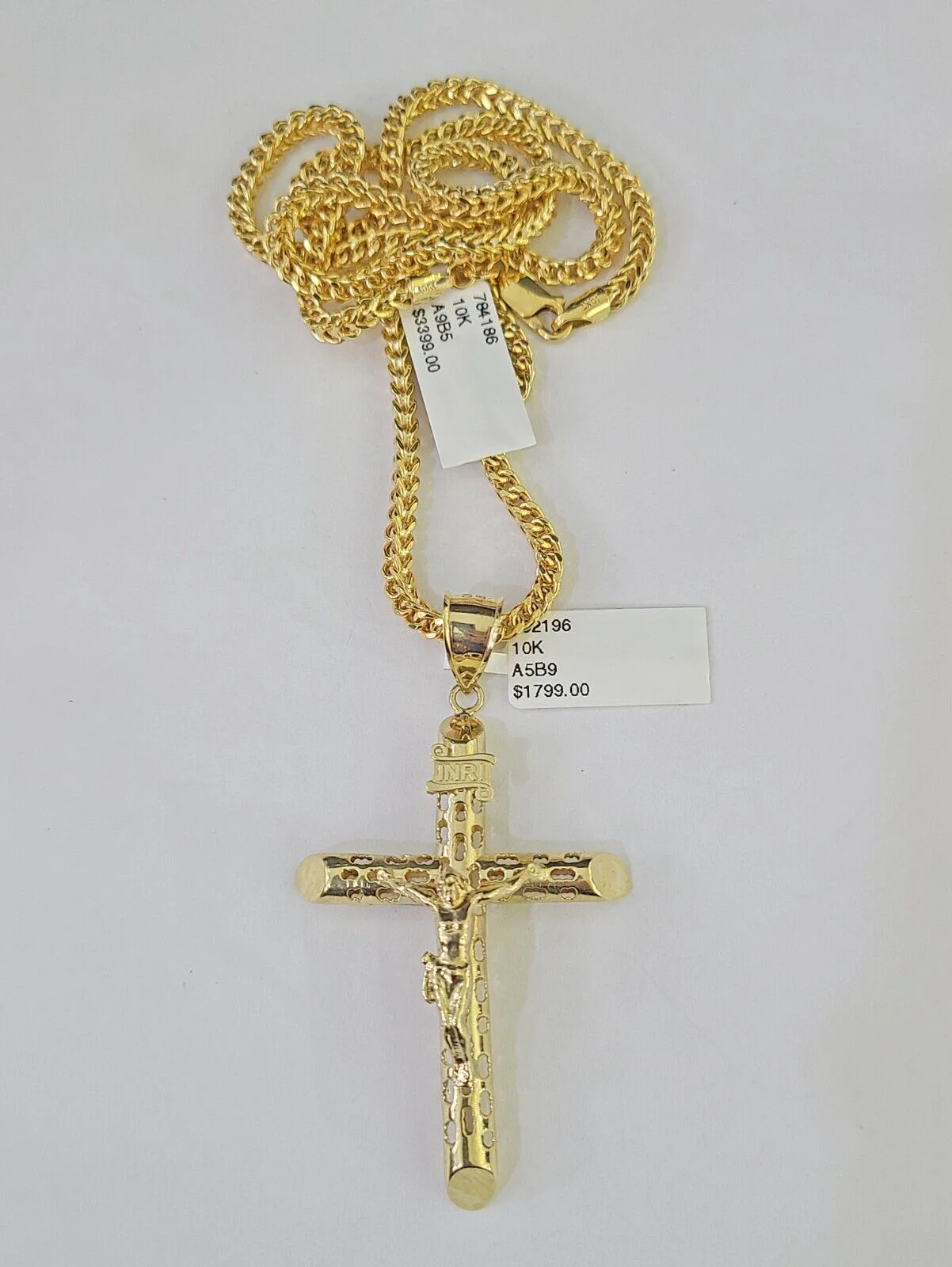 10K Franco Chain INRI Jesus Cross Pendant Charm Necklace 20"-26" 3mm Gold - Image 3