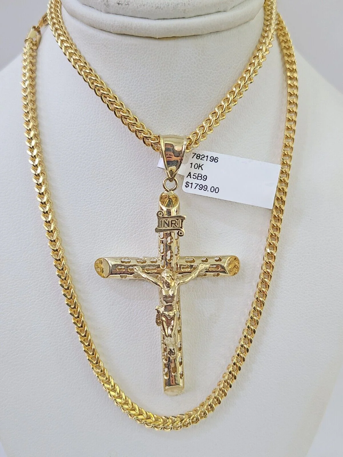 10K Franco Chain INRI Jesus Cross Pendant Charm Necklace 20"-26" 3mm Gold - Image 4