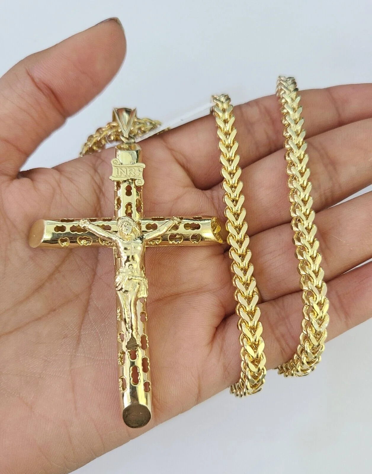 10K Franco Chain INRI Jesus Cross Pendant Charm Necklace 20"-26" 5mm Gold SET - Image 4