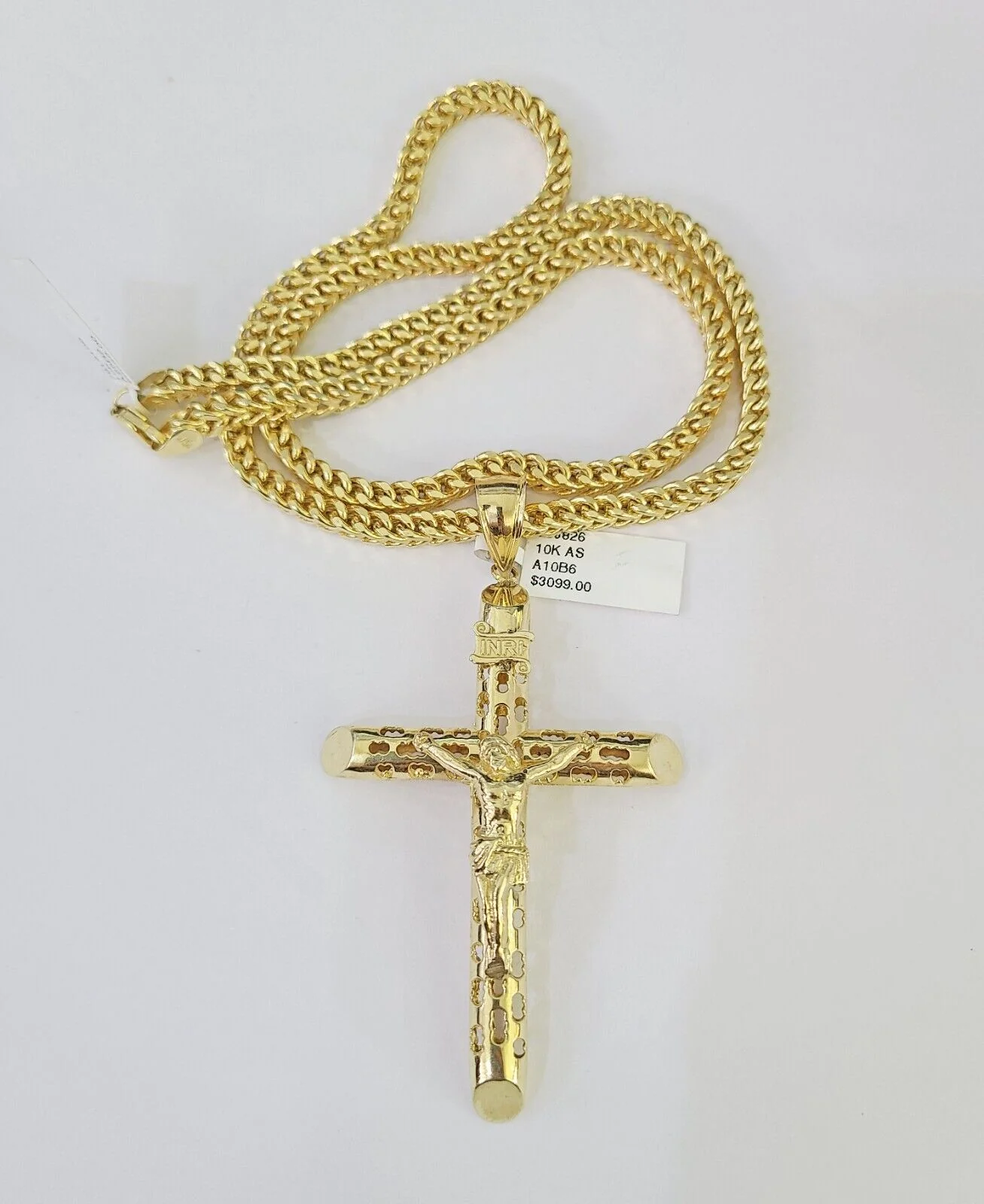 10K Franco Chain INRI Jesus Cross Pendant Charm Necklace 20"-26" 5mm Gold SET - Image 5
