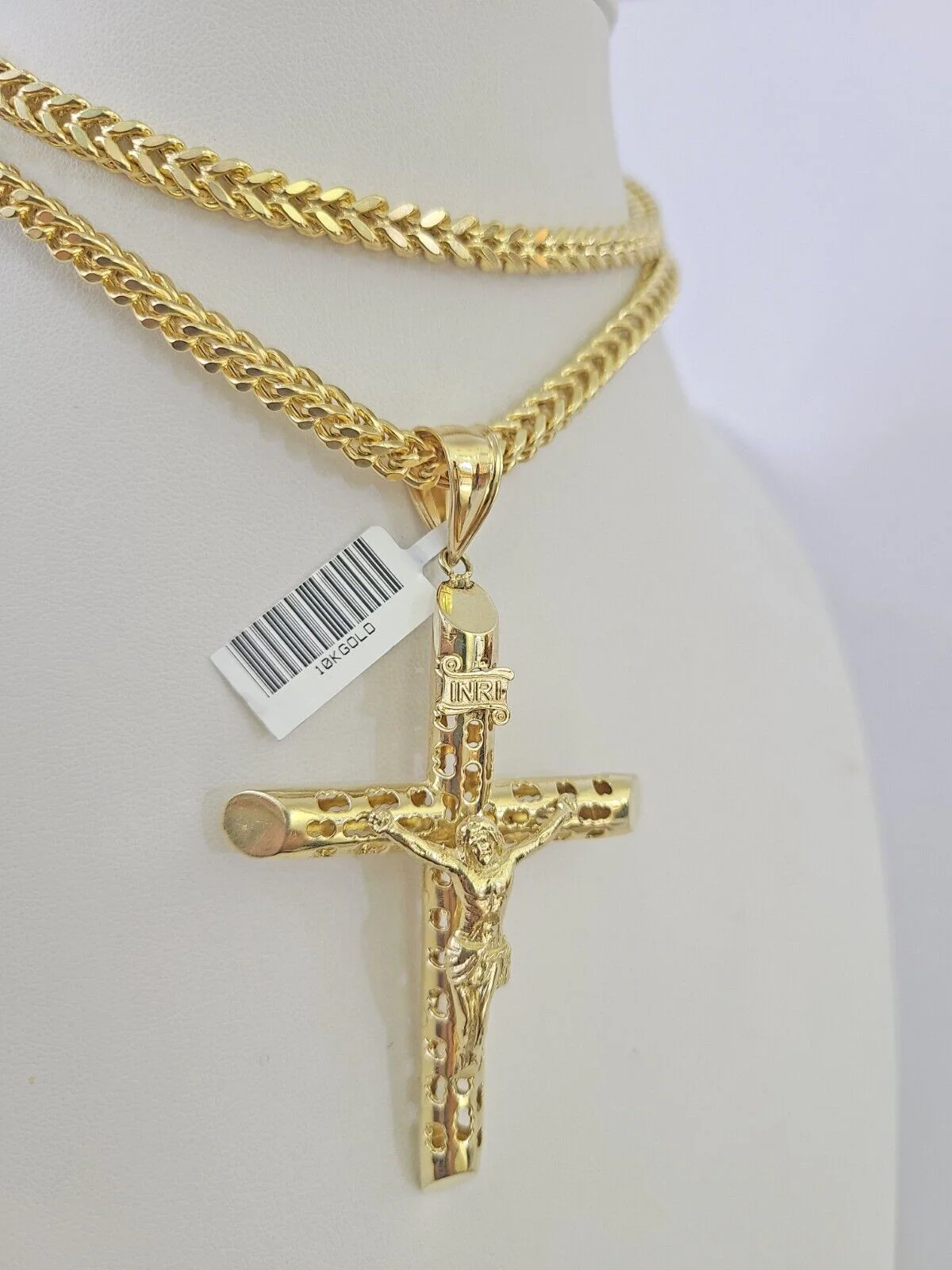 10K Franco Chain INRI Jesus Cross Pendant Charm Necklace 20"-26" 5mm Gold SET - Image 6