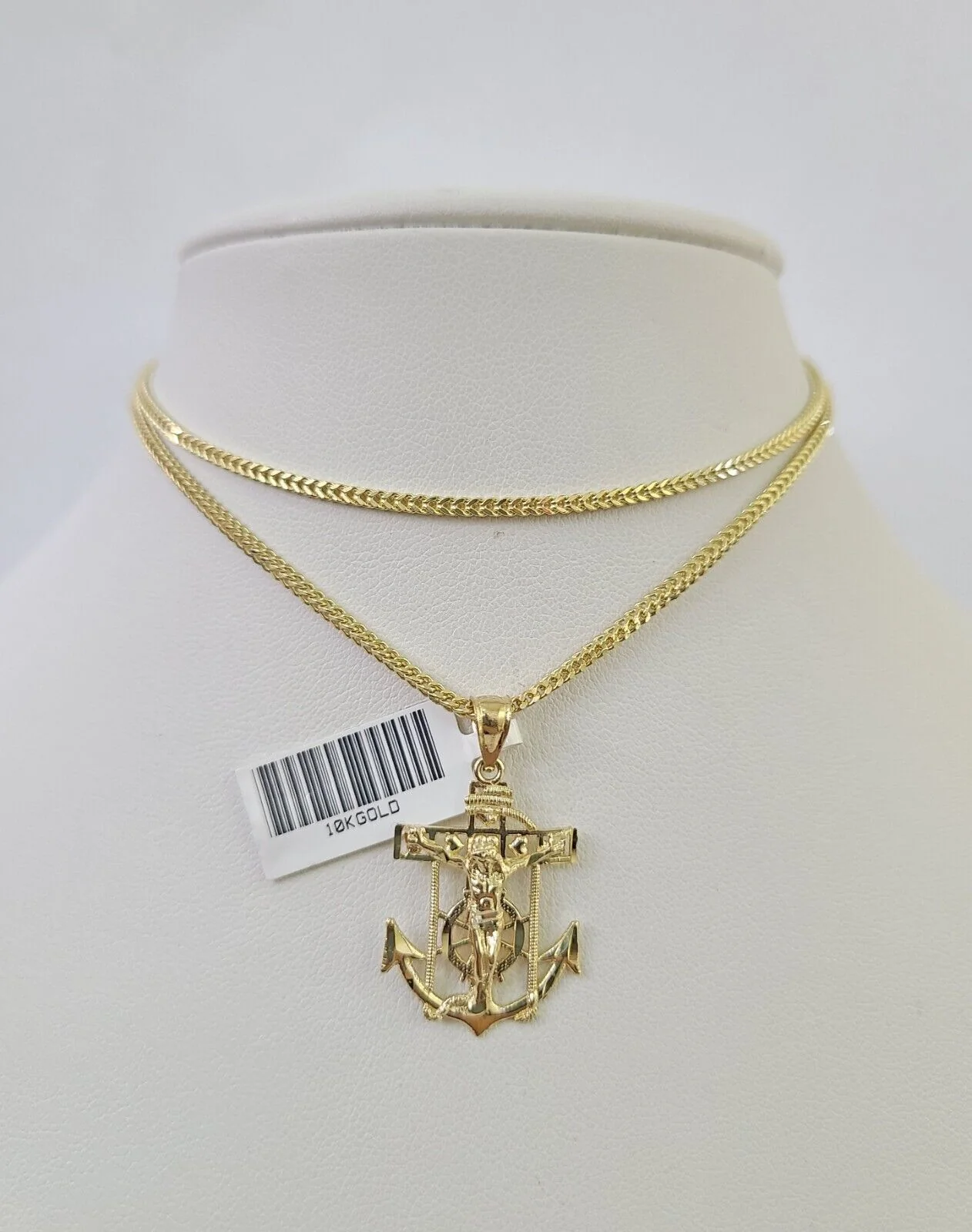 10K Franco Chain Jesus Anchor Pendant Charm Necklace 16"-24" 2mm Yellow Gold SET - Image 2