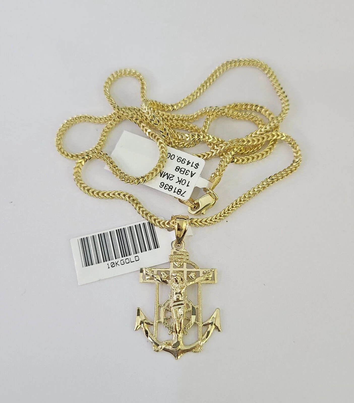 10K Franco Chain Jesus Anchor Pendant Charm Necklace 16"-24" 2mm Yellow Gold SET - Image 3