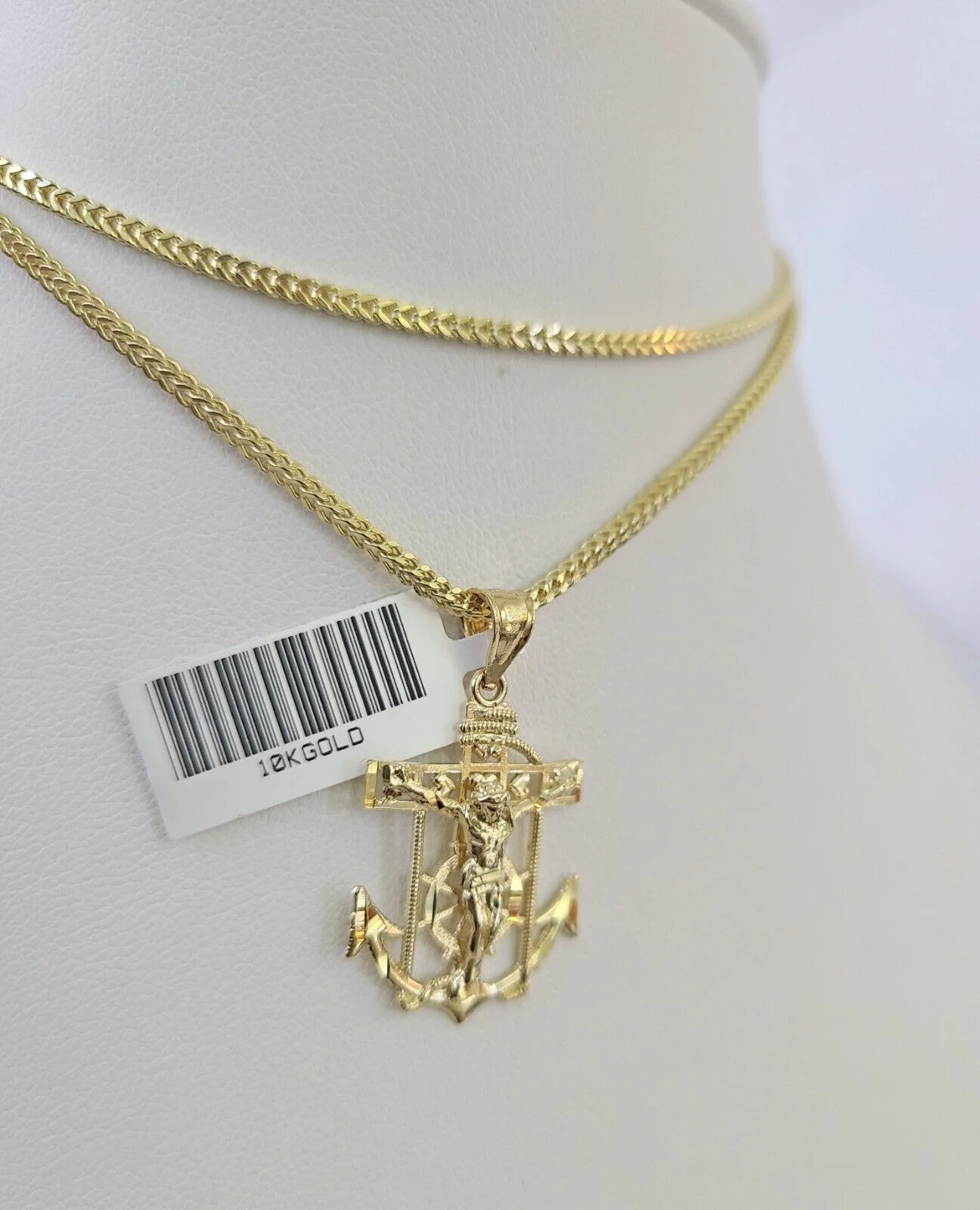 10K Franco Chain Jesus Anchor Pendant Charm Necklace 16"-24" 2mm Yellow Gold SET - Image 4