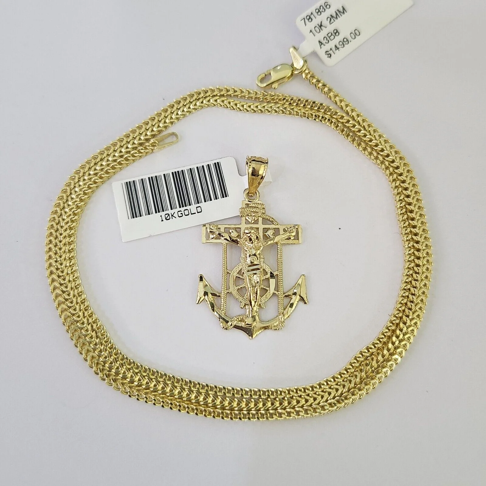 10K Franco Chain Jesus Anchor Pendant Charm Necklace 16"-24" 2mm Yellow Gold SET - Image 6