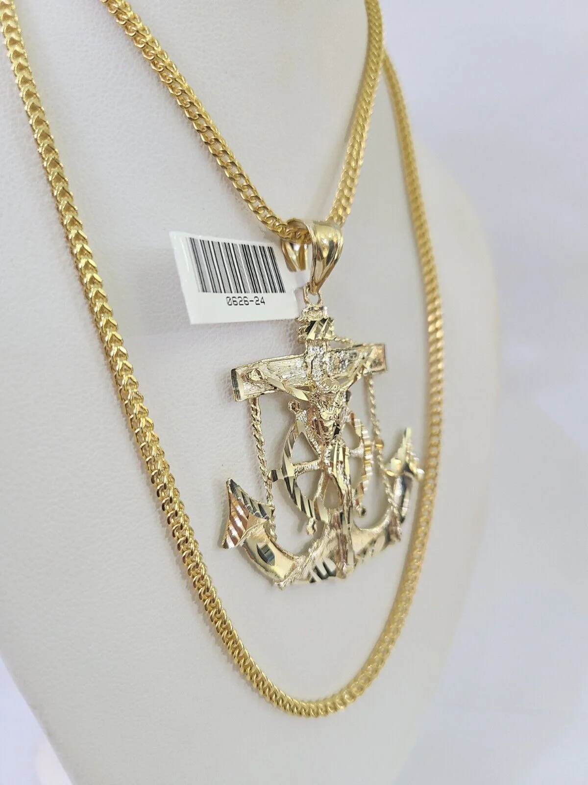 10K Franco Chain Jesus Anchor Pendant Charm Necklace 20"-26" 2.5mm Yellow Gold - Image 4