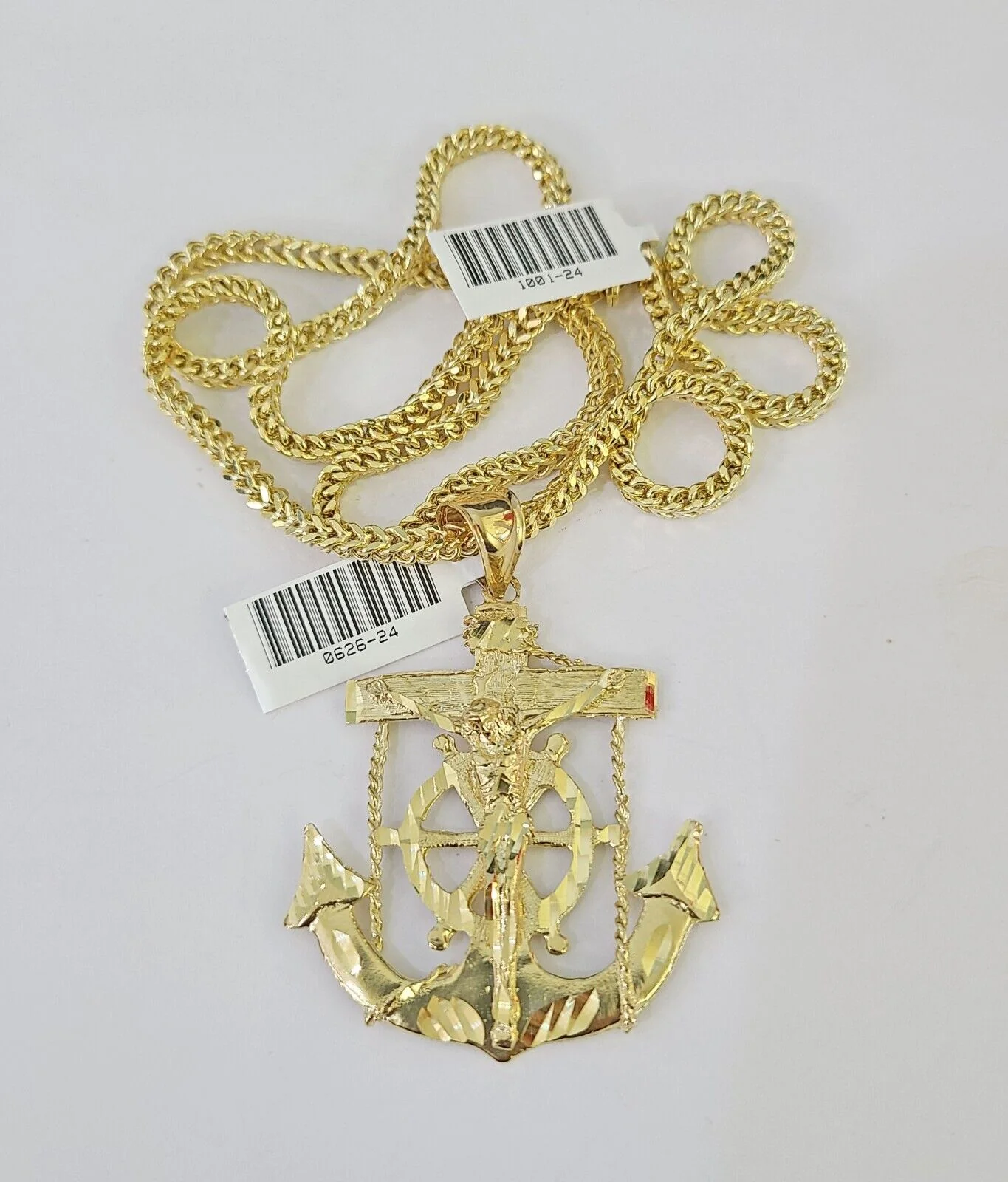 10K Franco Chain Jesus Anchor Pendant Charm Necklace 20"-26" 3mm Gold Yellow SET - Image 4