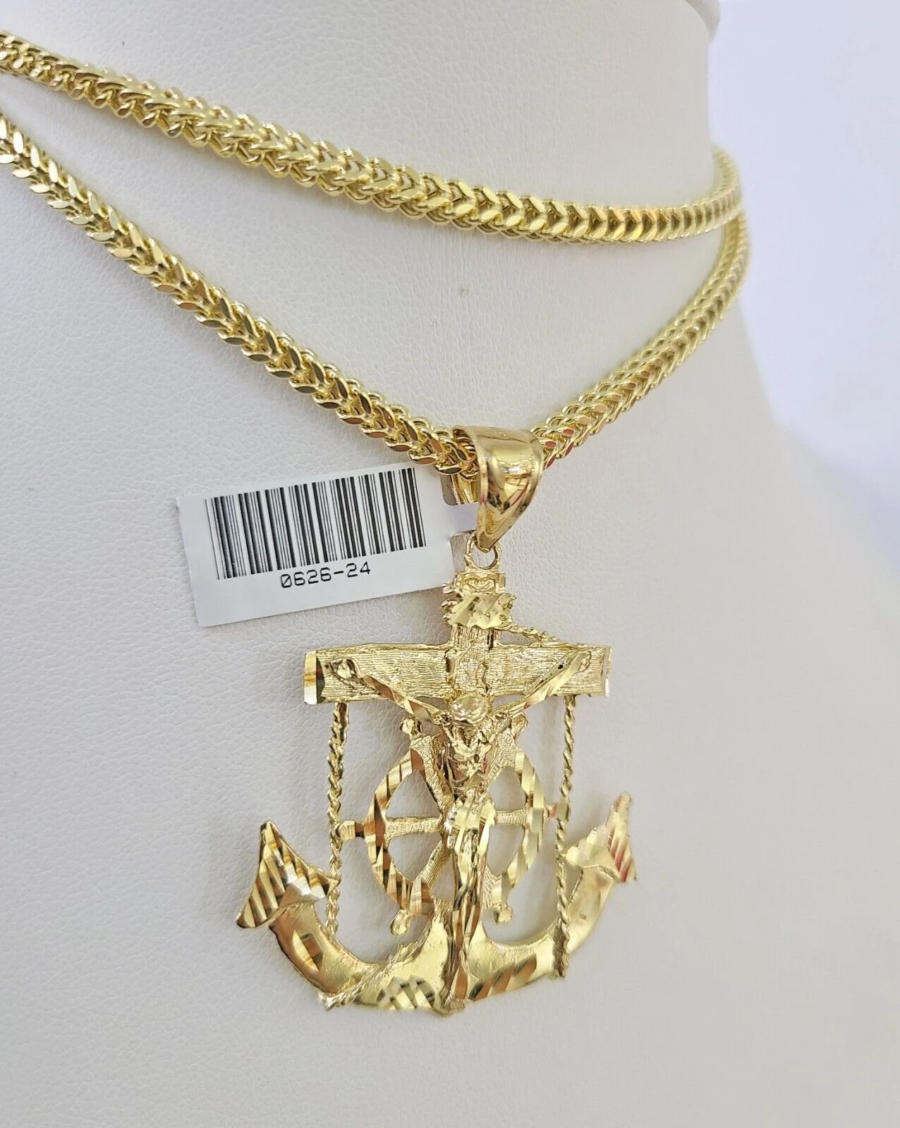10K Franco Chain Jesus Anchor Pendant Charm Necklace 20"-26" 3mm Gold Yellow SET - Image 5