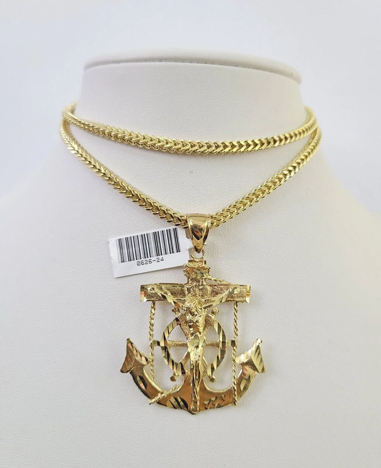 10K Franco Chain Jesus Anchor Pendant Charm Necklace 20"-26" 3mm Gold Yellow SET - Image 6