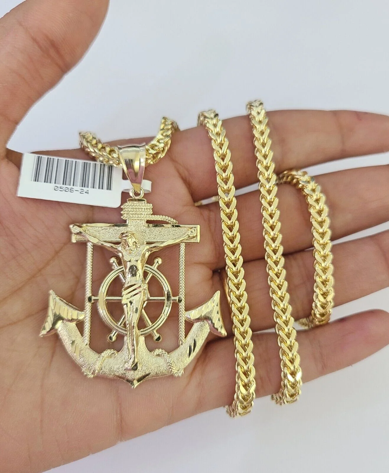 10K Franco Chain Jesus Anchor Pendant Charm Necklace 20"-28" 4mm Yellow Gold SET - Image 4