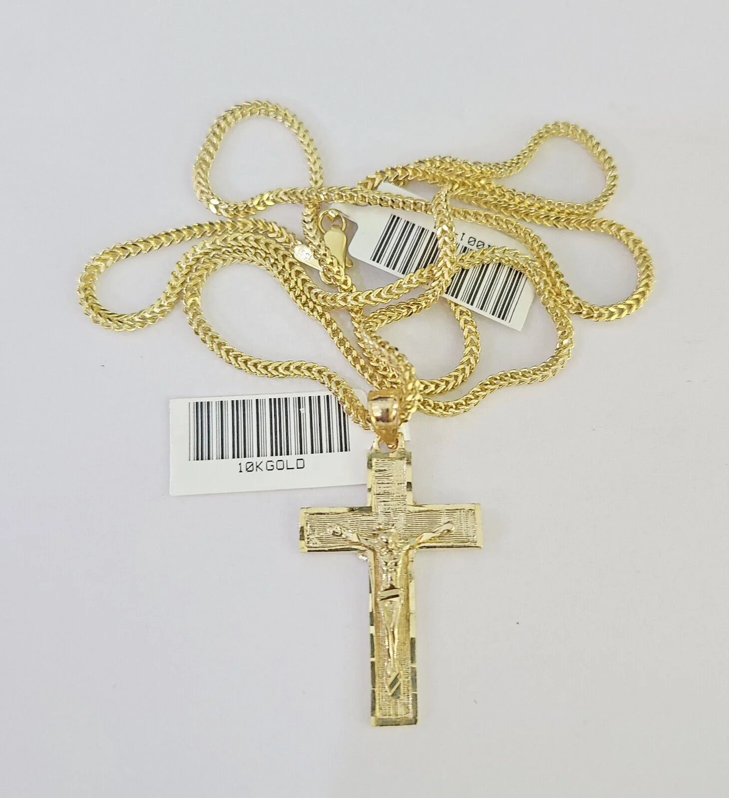 10K Franco Chain Jesus Cross Pendant Charm Necklace 16"-24" 2mm Gold SET Yellow - Image 4