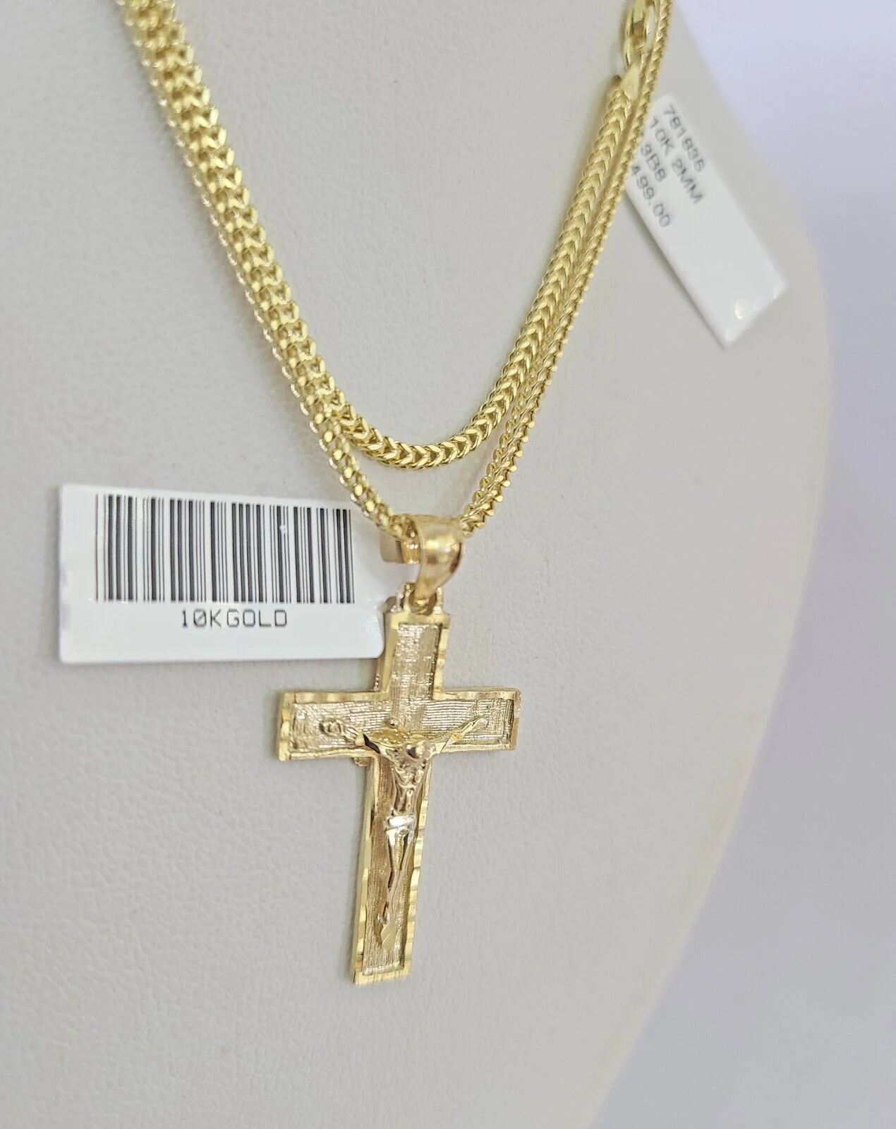10K Franco Chain Jesus Cross Pendant Charm Necklace 16"-24" 2mm Gold SET Yellow - Image 5