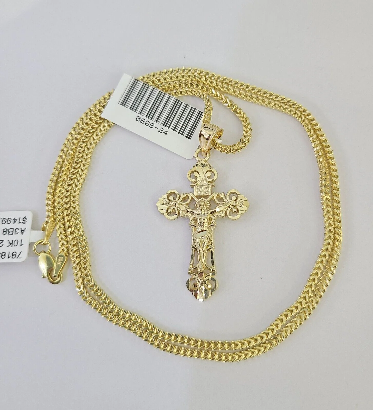 10K Franco Chain Jesus Cross Pendant Charm Necklace 16"-24" 2mm Gold SET Yellow - Image 3
