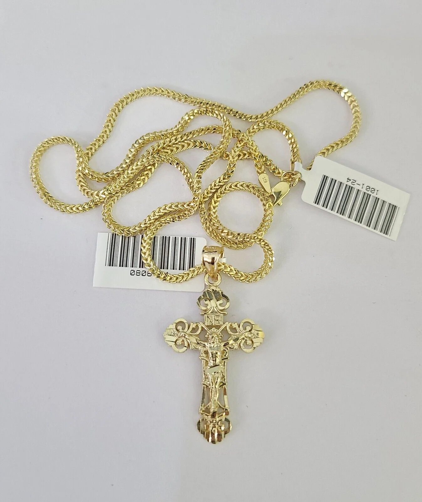 10K Franco Chain Jesus Cross Pendant Charm Necklace 16"-24" 2mm Gold SET Yellow - Image 4