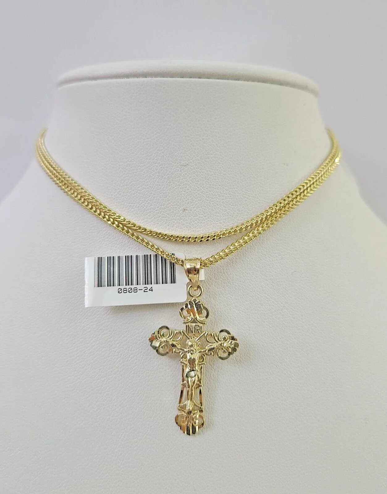 10K Franco Chain Jesus Cross Pendant Charm Necklace 16"-24" 2mm Gold SET Yellow - Image 5
