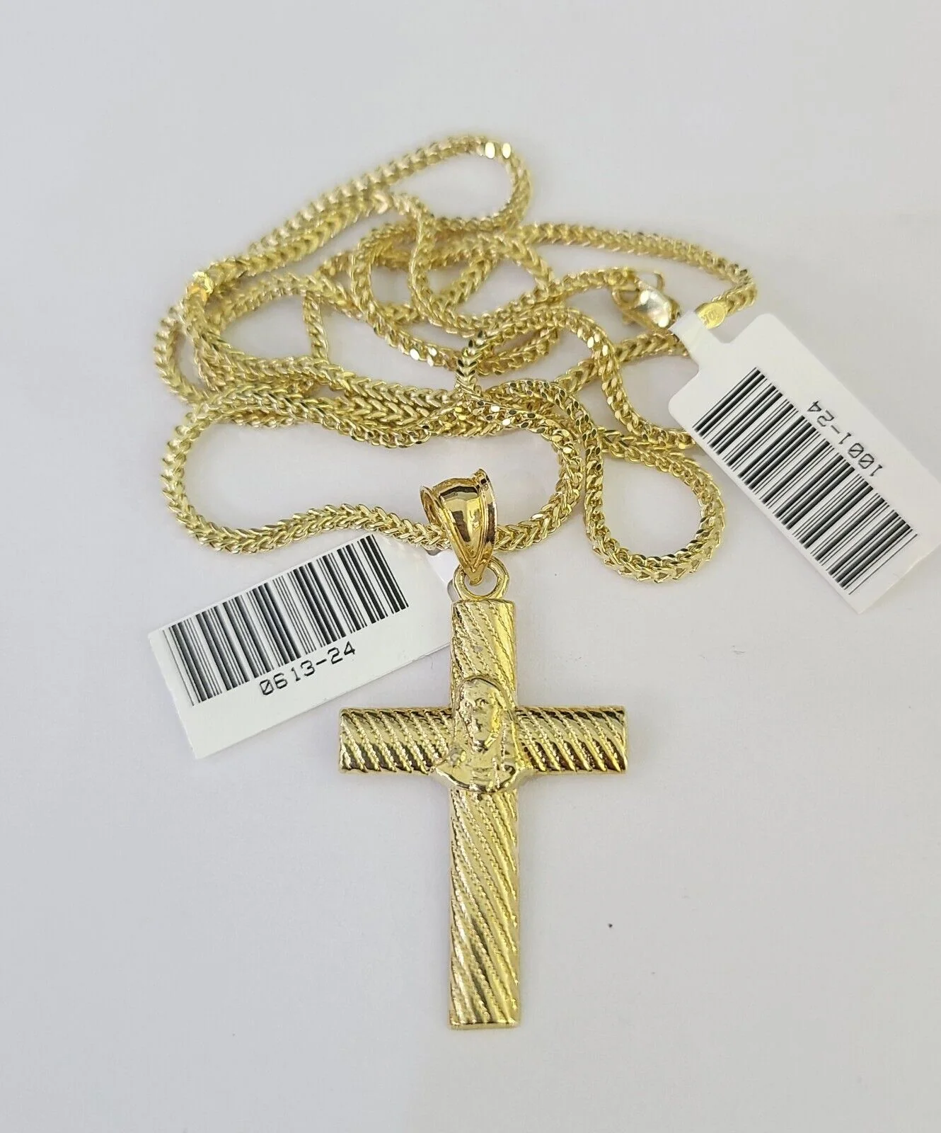 10K Franco Chain Jesus Cross Pendant Charm Necklace 16"-24" 2mm Gold SET Yellow - Image 4
