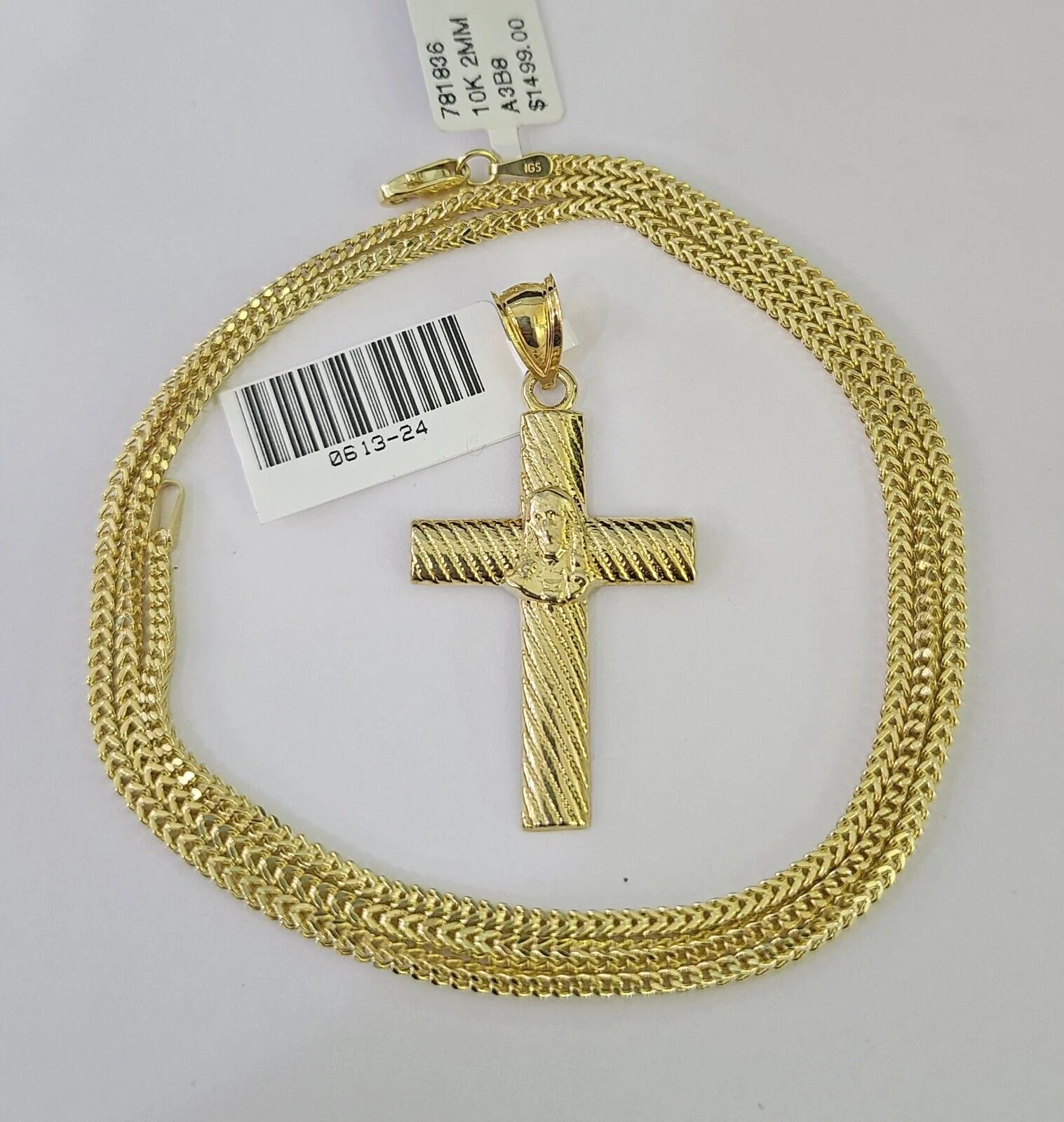 10K Franco Chain Jesus Cross Pendant Charm Necklace 16"-24" 2mm Gold SET Yellow - Image 5