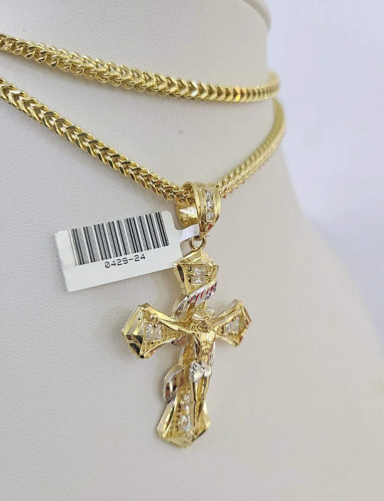 10K Franco Chain Jesus Cross Pendant Charm Necklace 20"-26" 3mm Gold Yellow SET - Image 2