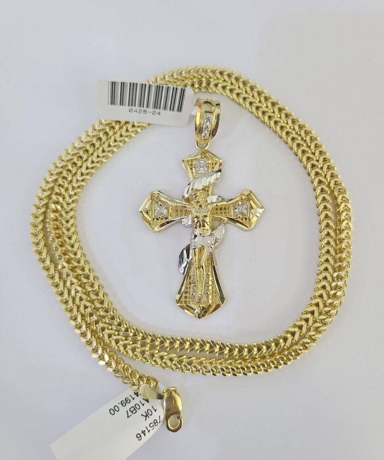 10K Franco Chain Jesus Cross Pendant Charm Necklace 20"-26" 3mm Gold Yellow SET - Image 4