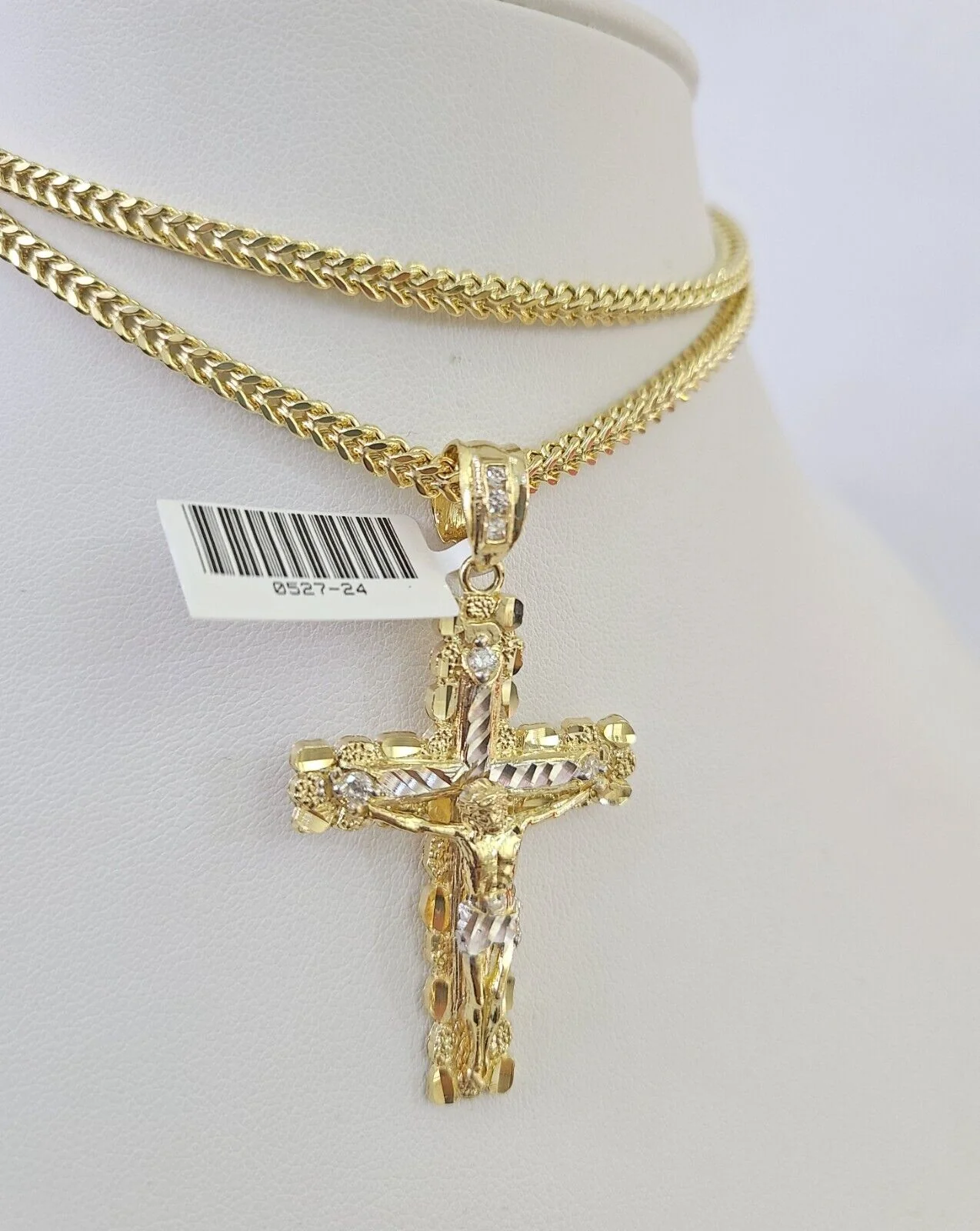 10K Franco Chain Jesus Cross Pendant Charm Necklace 20"-26" 3mm Gold Yellow SET - Image 2