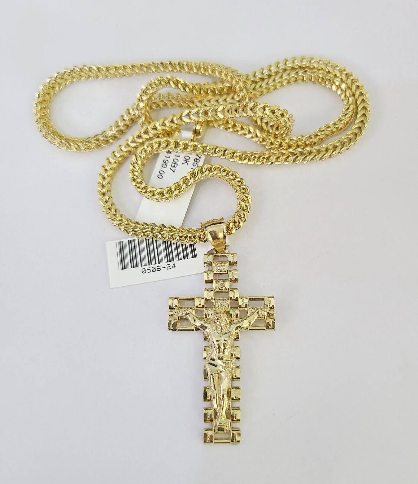 10K Franco Chain Jesus Cross Pendant Charm Necklace 20"-26" 3mm Gold Yellow SET - Image 5