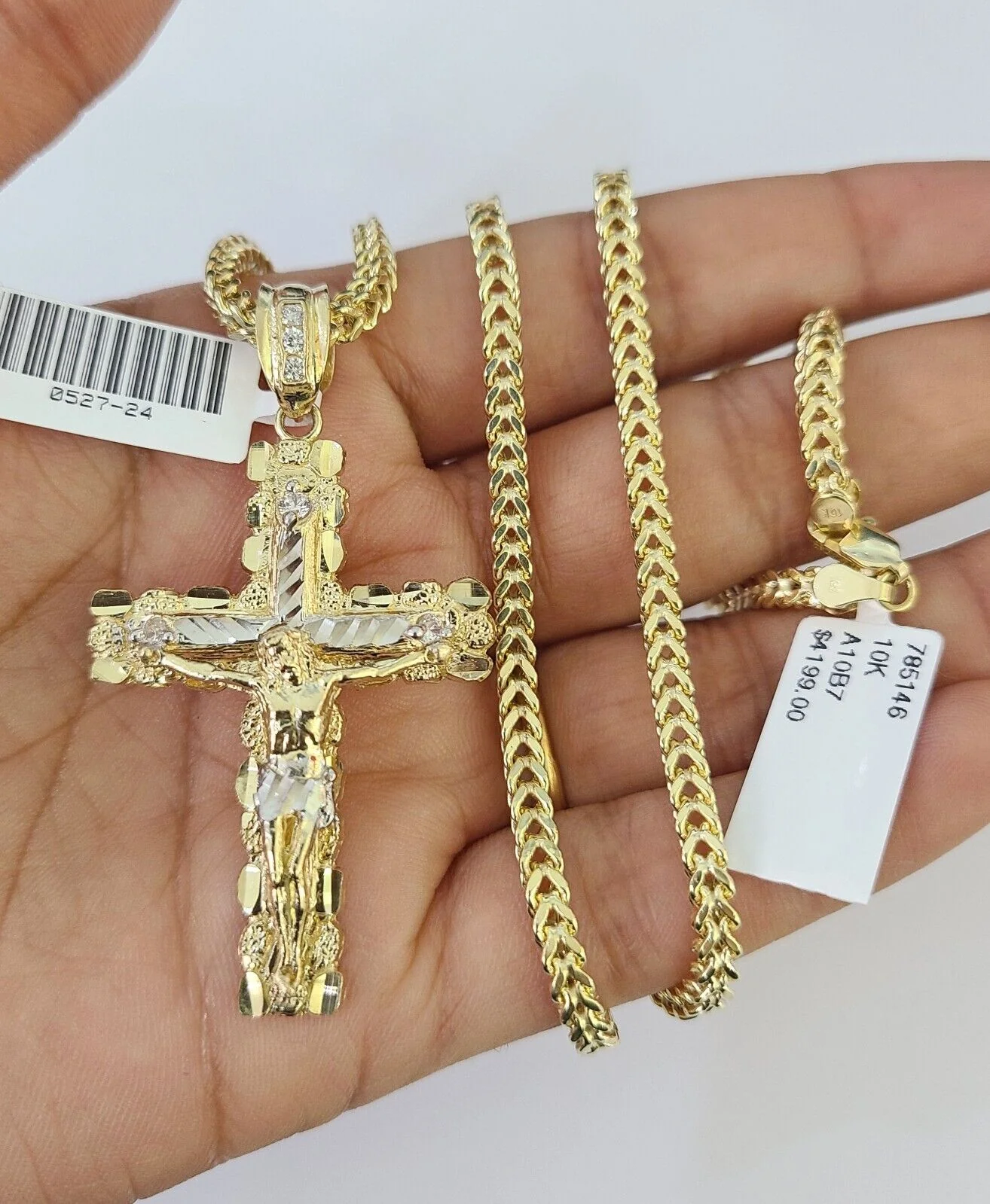 10K Franco Chain Jesus Cross Pendant Charm Necklace 20"-26" 3mm Gold Yellow SET - Image 3