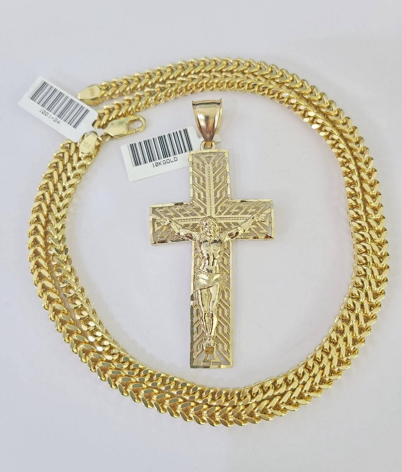 10K Franco Chain Jesus Cross Pendant Charm Necklace 20"-26" 5mm Gold SET Yellow - Image 2