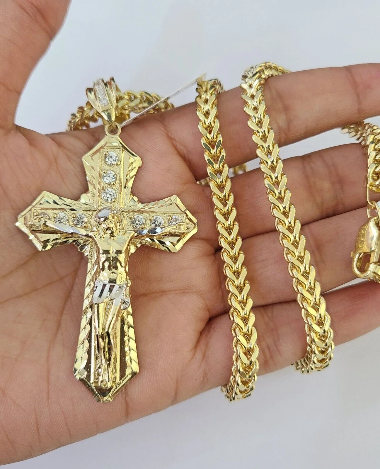 10K Franco Chain Jesus Cross Pendant Charm Necklace 20"-26" 5mm Gold Yellow SET - Image 2