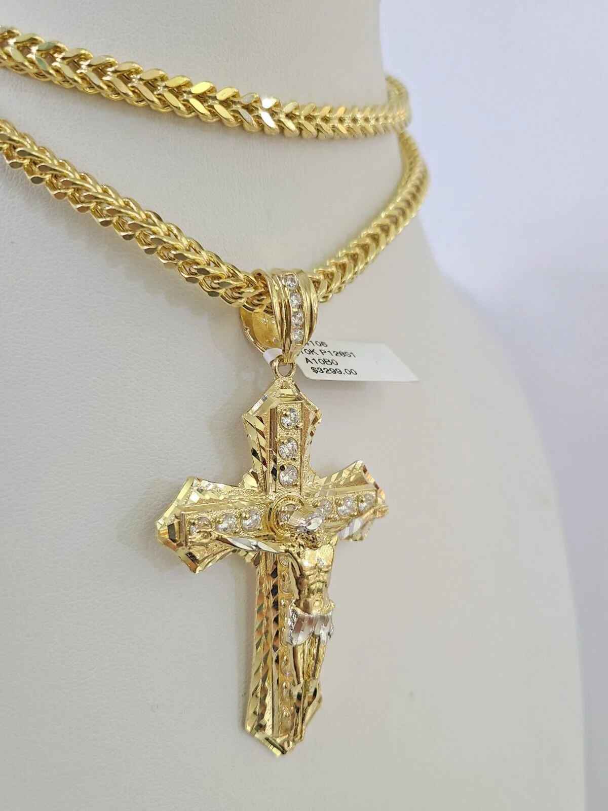 10K Franco Chain Jesus Cross Pendant Charm Necklace 20"-26" 5mm Gold Yellow SET - Image 3