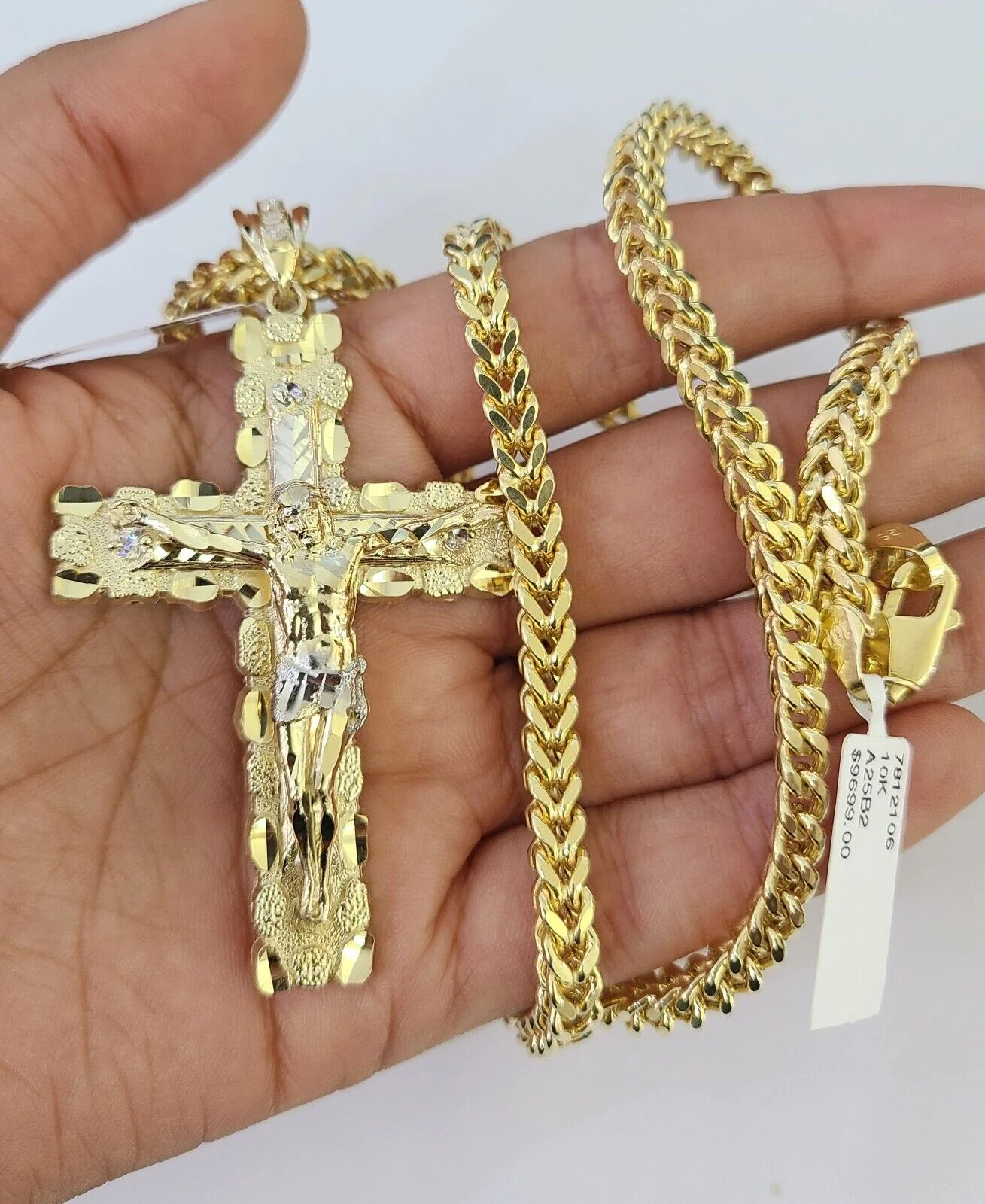 10K Franco Chain Jesus Cross Pendant Charm Necklace 20"-26" 5mm Gold Yellow SET - Image 2
