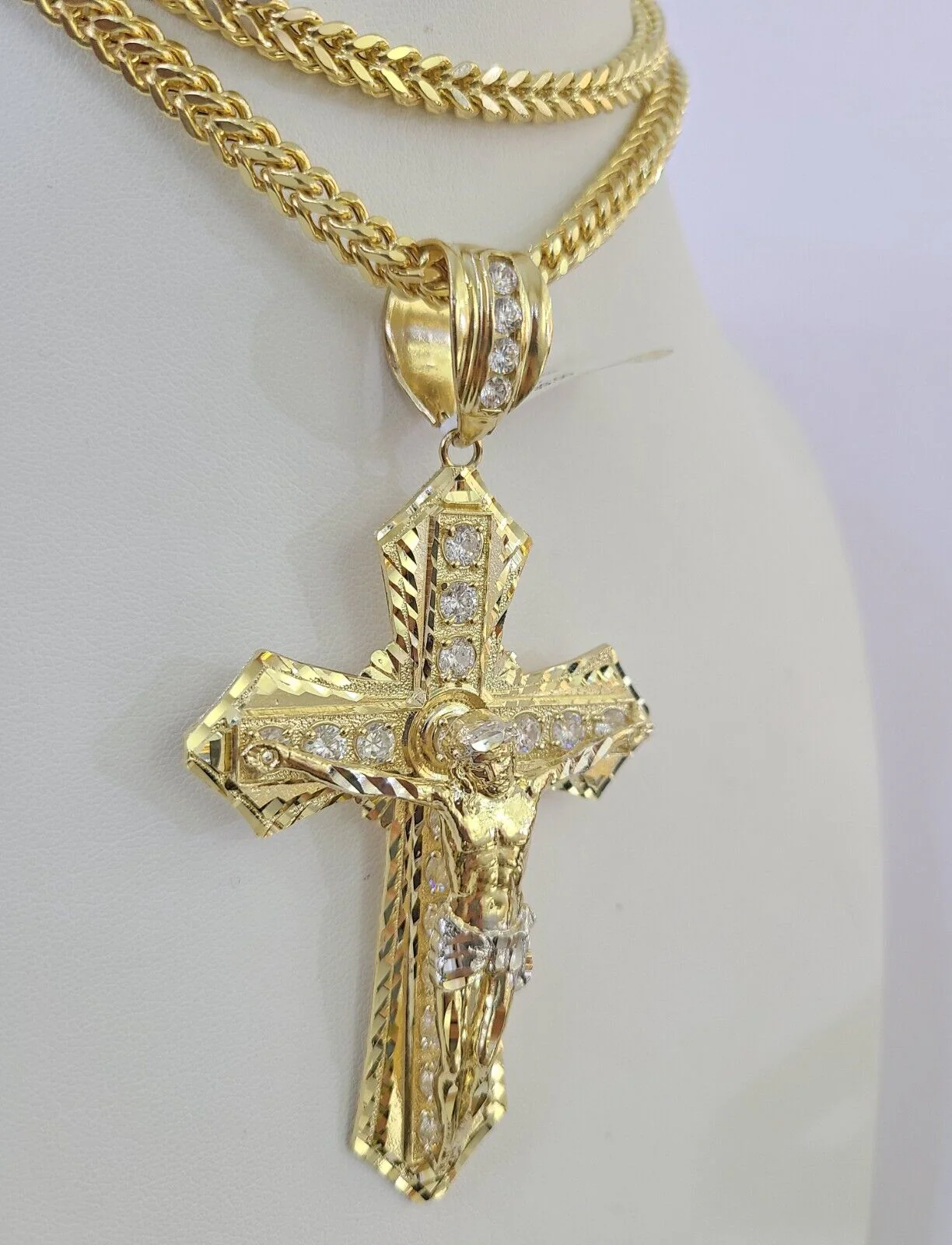 10K Franco Chain Jesus Cross Pendant Charm Necklace 20"-26" 5mm Gold Yellow SET - Image 5