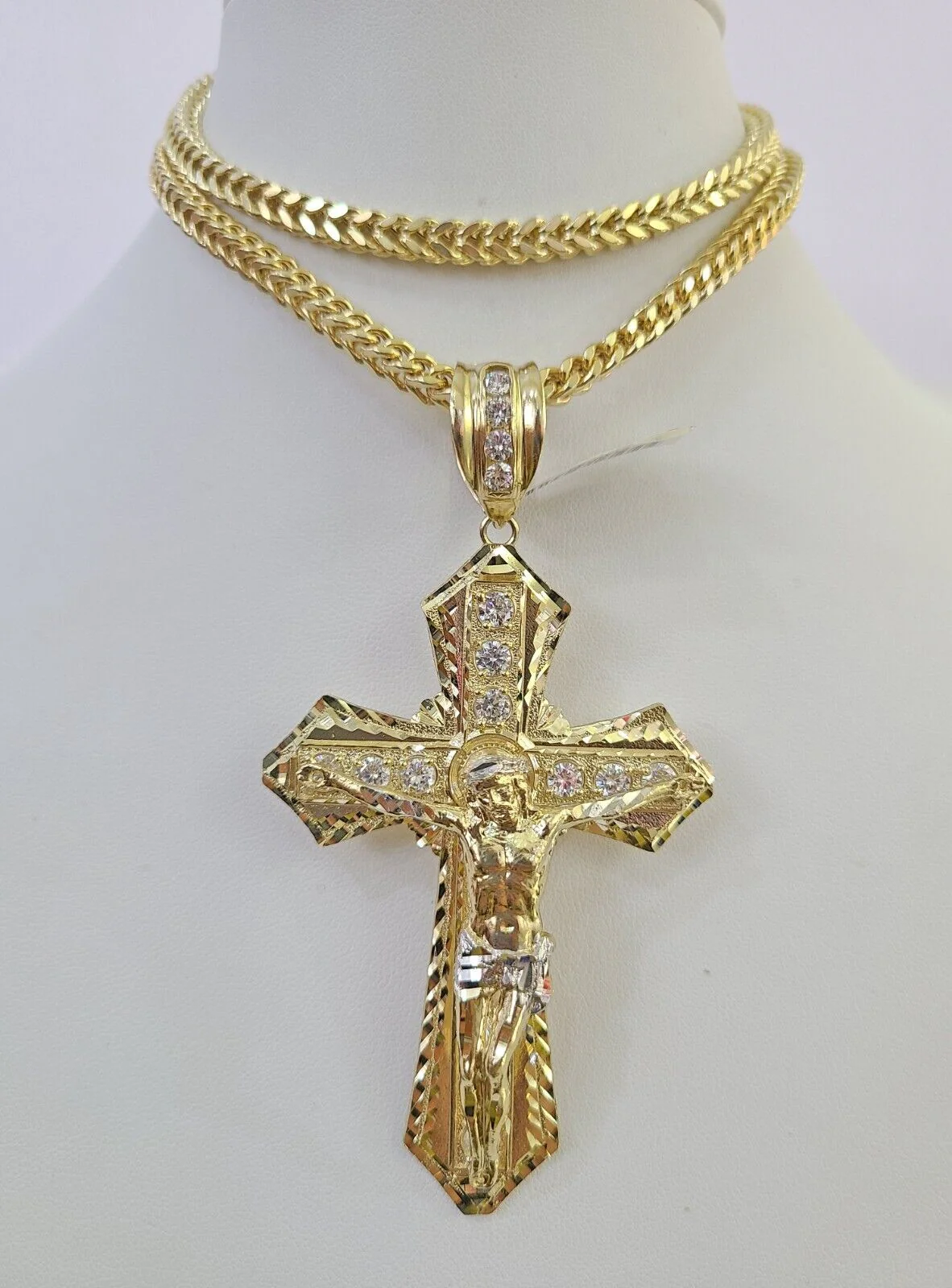 10K Franco Chain Jesus Cross Pendant Charm Necklace 20"-26" 5mm Gold Yellow SET - Image 6