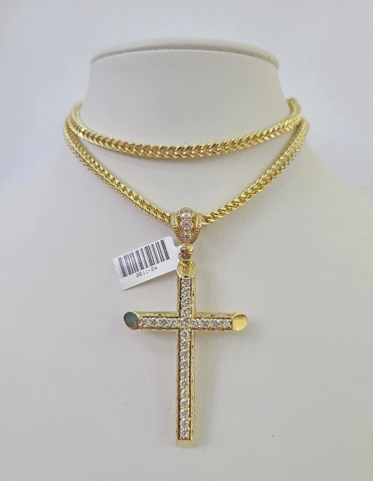 10K Franco Chain Jesus Cross Pendant Charm Necklace 20"-28" 4mm Gold Yellow SET - Image 6