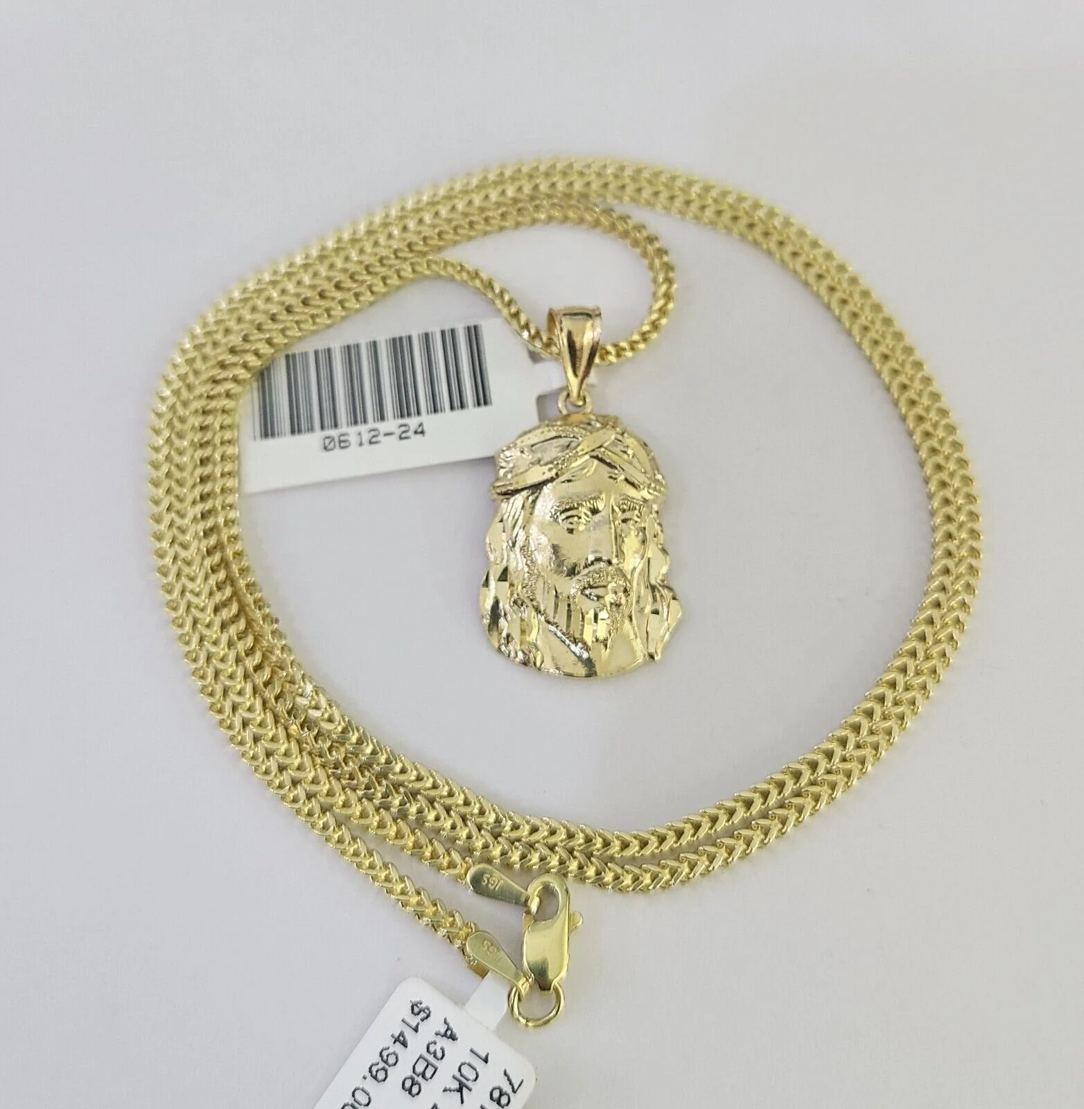 10K Franco Chain Jesus Head Pendant Charm Necklace 16"-24" 2mm Gold SET Yellow - Image 5