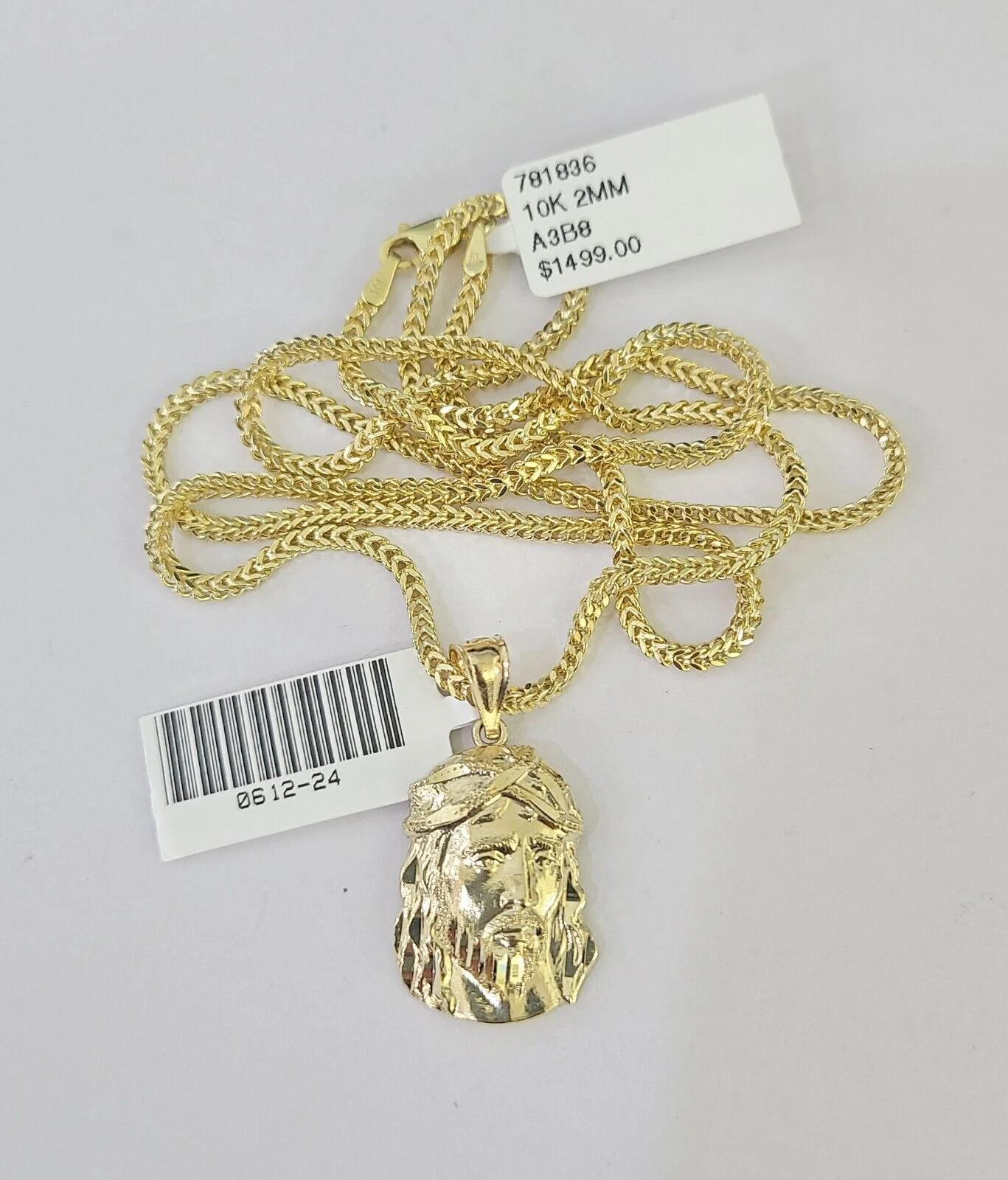 10K Franco Chain Jesus Head Pendant Charm Necklace 16"-24" 2mm Gold SET Yellow - Image 7