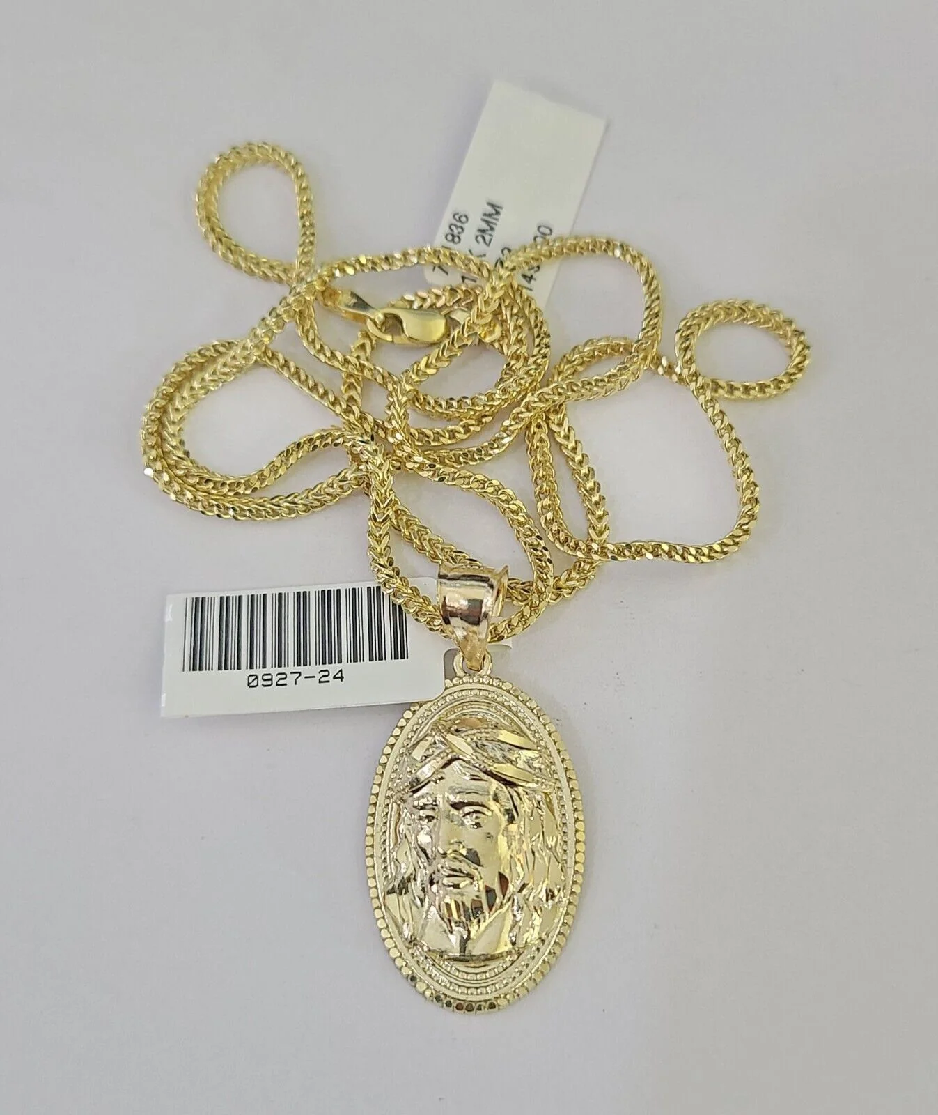 10K Franco Chain Jesus Head Pendant Charm Necklace 16"-24" 2mm Gold SET Yellow - Image 4