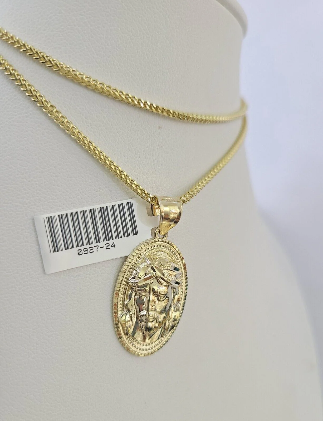 10K Franco Chain Jesus Head Pendant Charm Necklace 16"-24" 2mm Gold SET Yellow - Image 5