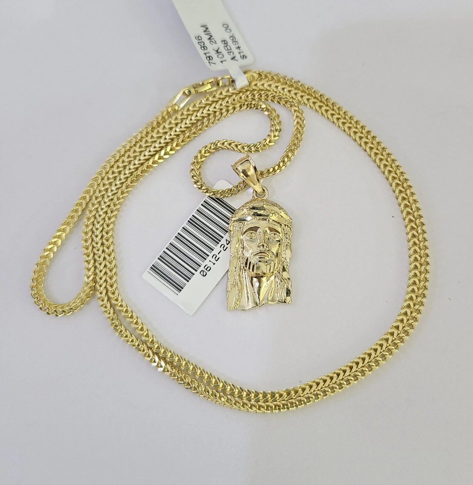 10K Franco Chain Jesus Head Pendant Charm Necklace 16"-24" 2mm Gold SET Yellow - Image 3
