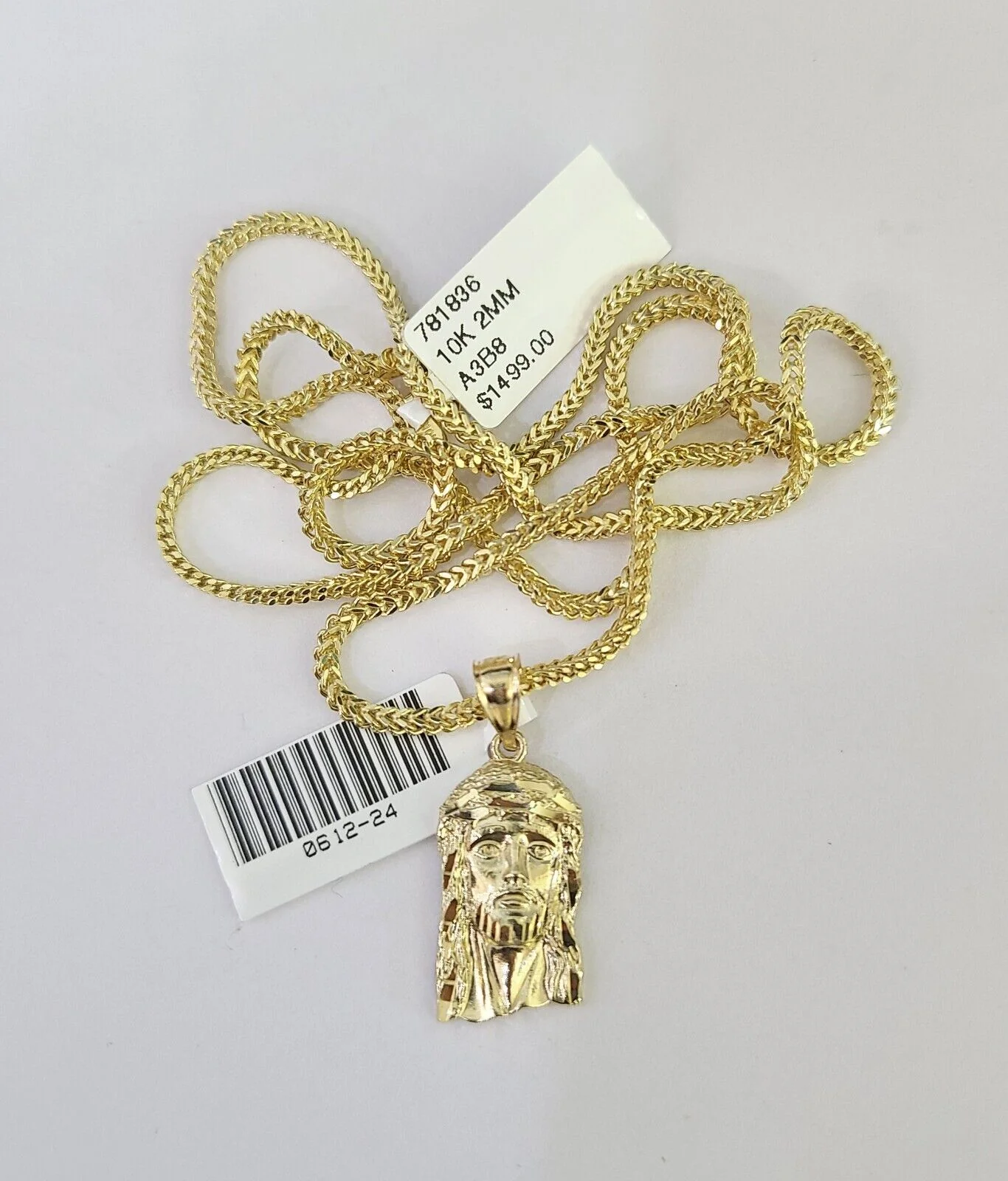 10K Franco Chain Jesus Head Pendant Charm Necklace 16"-24" 2mm Gold SET Yellow - Image 5