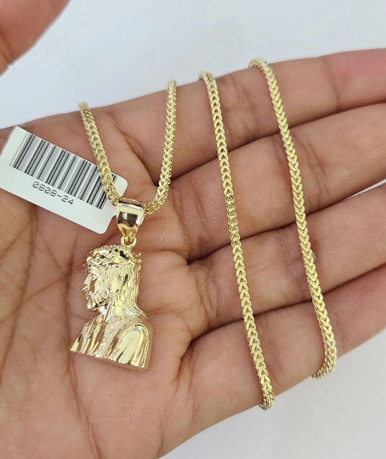 10K Franco Chain Jesus Head Pendant Charm Necklace 16"-24" 2mm Yellow Gold SET - Image 3