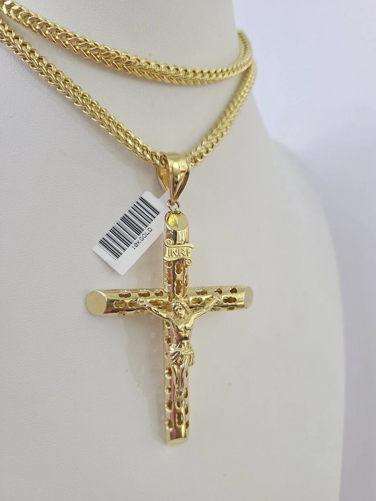 10K Franco Chain Jesus INRI Cross Pendant Charm Necklace 20"-28" 4mm Gold Yellow - Image 2