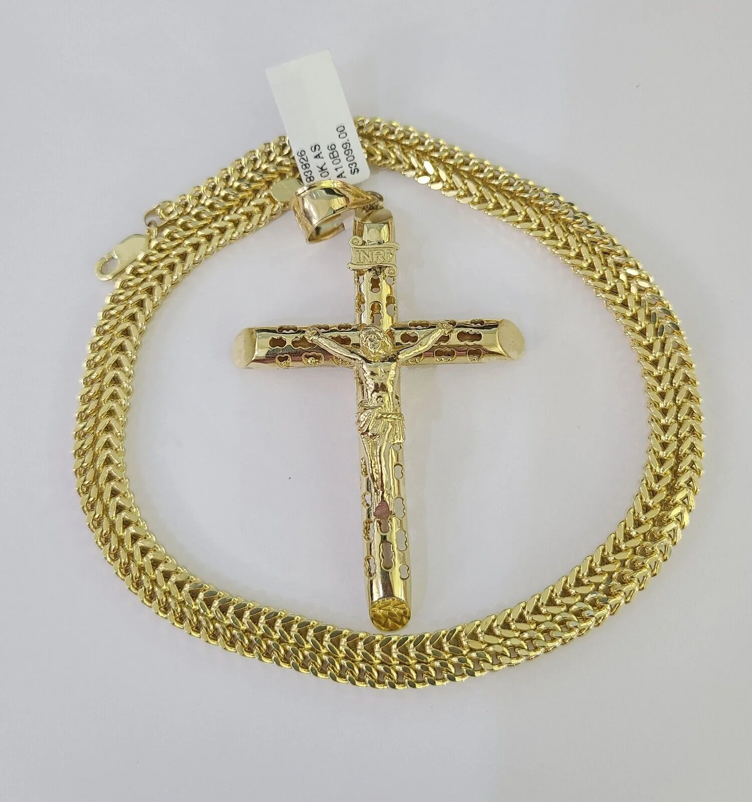 10K Franco Chain Jesus INRI Cross Pendant Charm Necklace 20"-28" 4mm Gold Yellow - Image 4