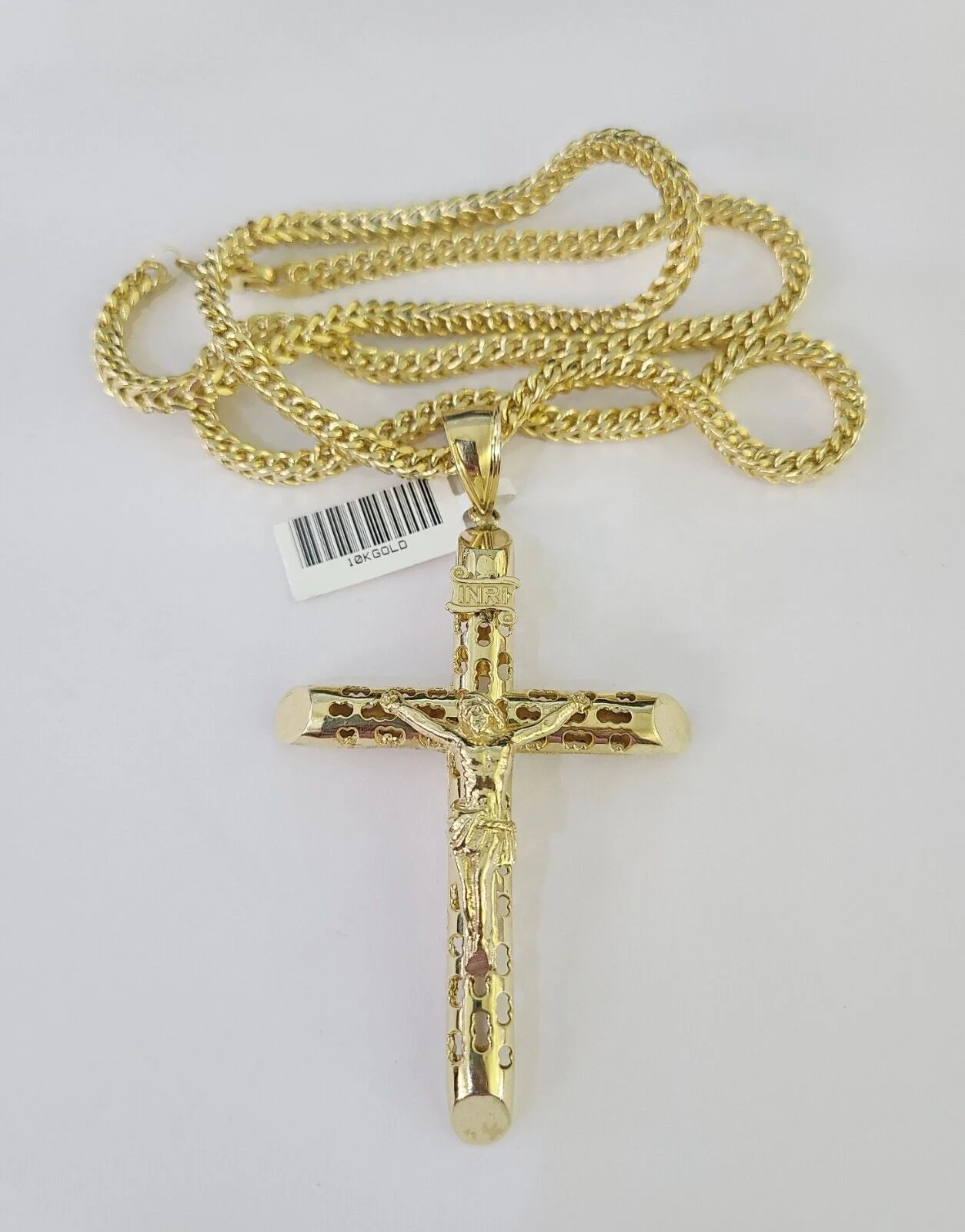 10K Franco Chain Jesus INRI Cross Pendant Charm Necklace 20"-28" 4mm Gold Yellow - Image 5