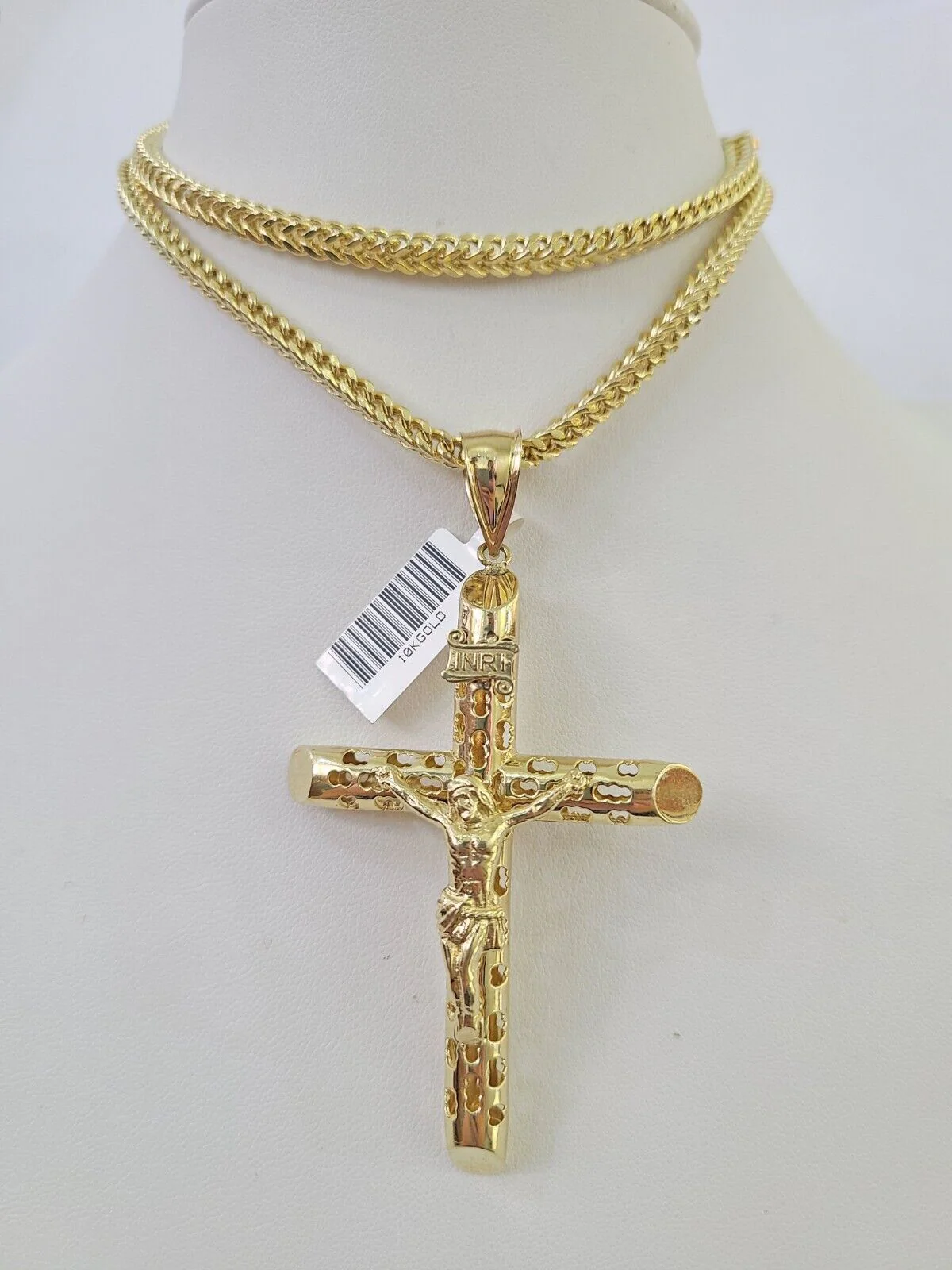 10K Franco Chain Jesus INRI Cross Pendant Charm Necklace 20"-28" 4mm Gold Yellow - Image 6