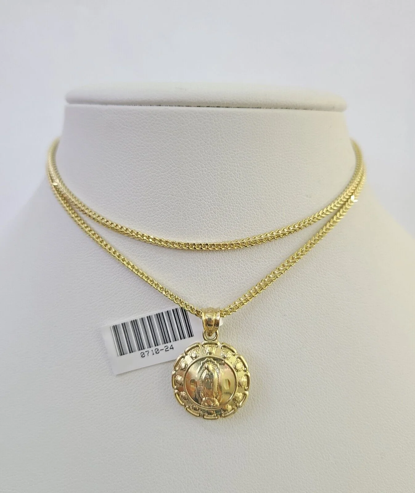10K Franco Chain Jesus Mary Pendant Charm Necklace 16"-24" 2mm Gold SET Yellow - Image 4