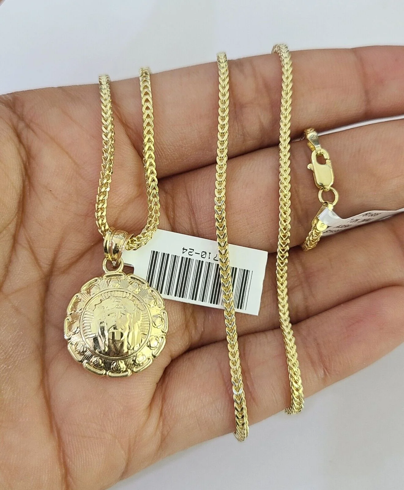 10K Franco Chain Jesus Mary Pendant Charm Necklace 16"-24" 2mm Gold SET Yellow - Image 6