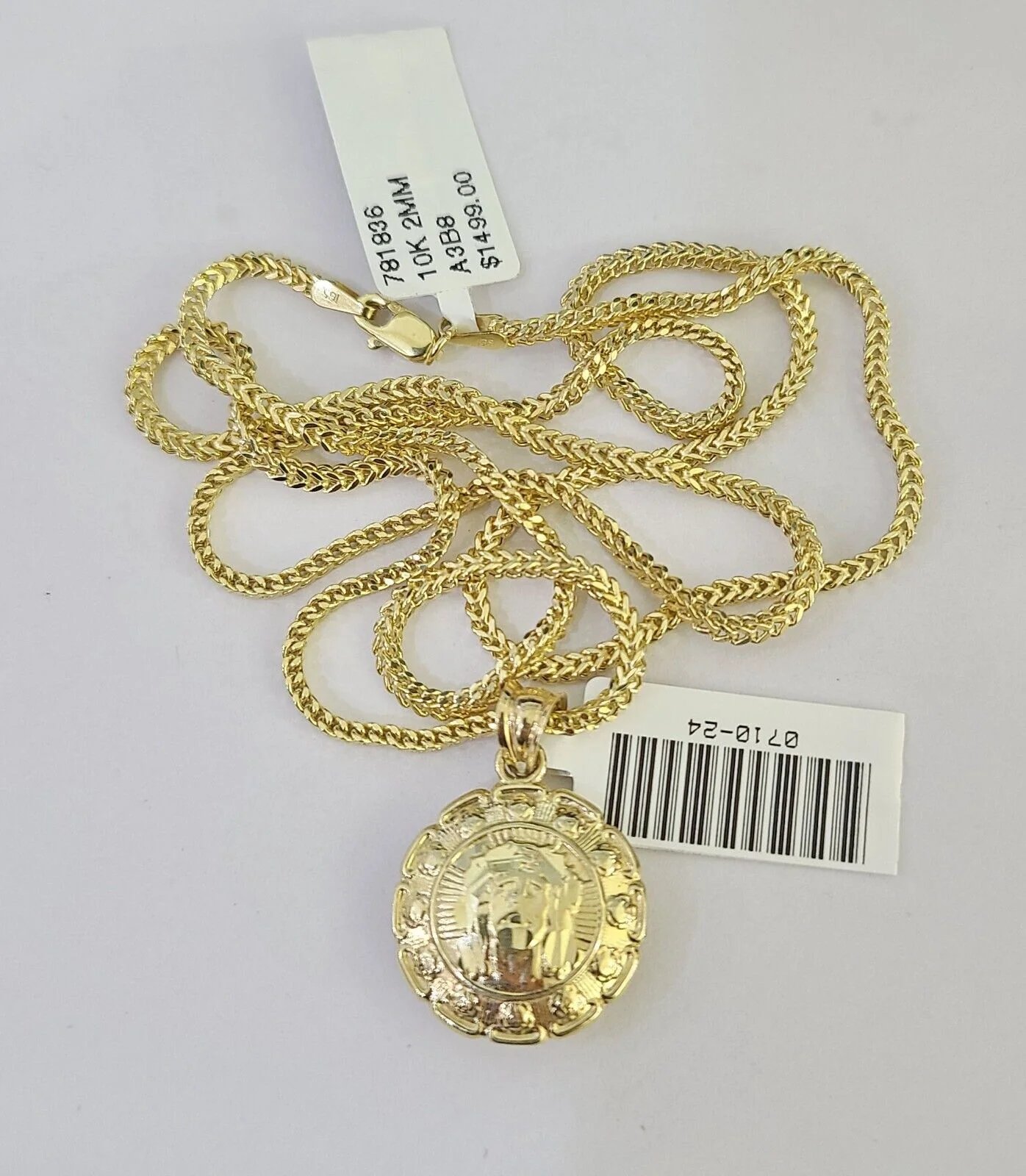 10K Franco Chain Jesus Mary Pendant Charm Necklace 16"-24" 2mm Gold SET Yellow - Image 7