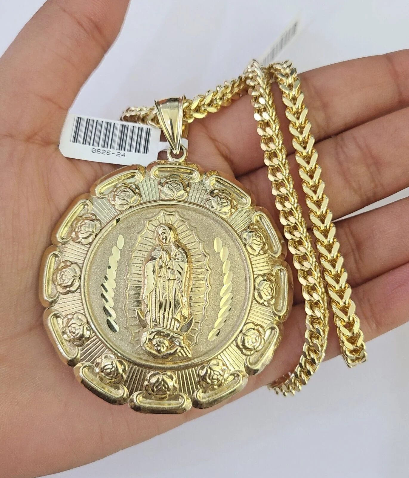 10K Franco Chain Jesus Mary Pendant Charm Necklace 20"-26" 5mm Gold SET Yellow - Image 4