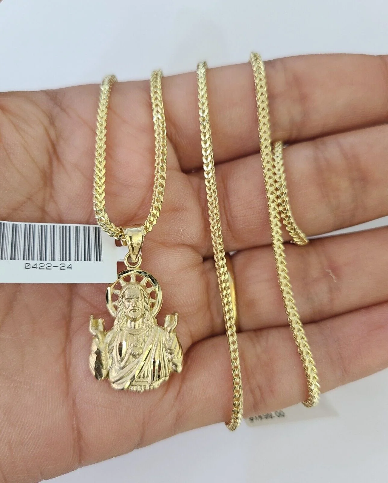 10K Franco Chain Jesus Pendant Charm Necklace 16"-24" 2mm Yellow Gold SET - Image 5